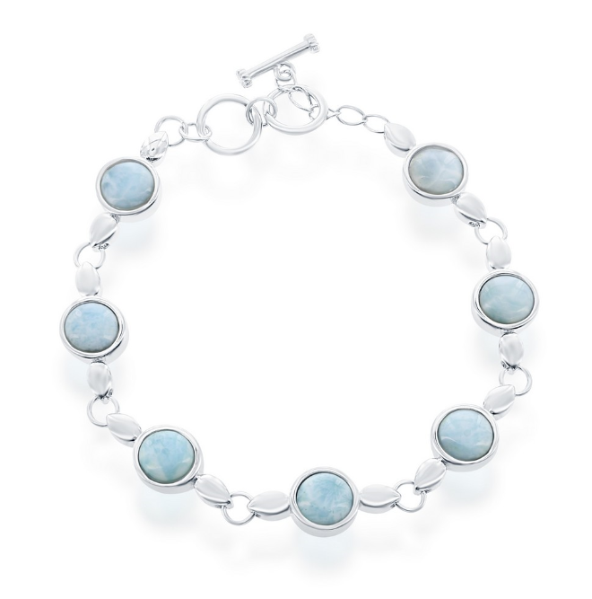 Sterling Silver Round Bezel-Set Larimar Bracelet with Toggle Clasp