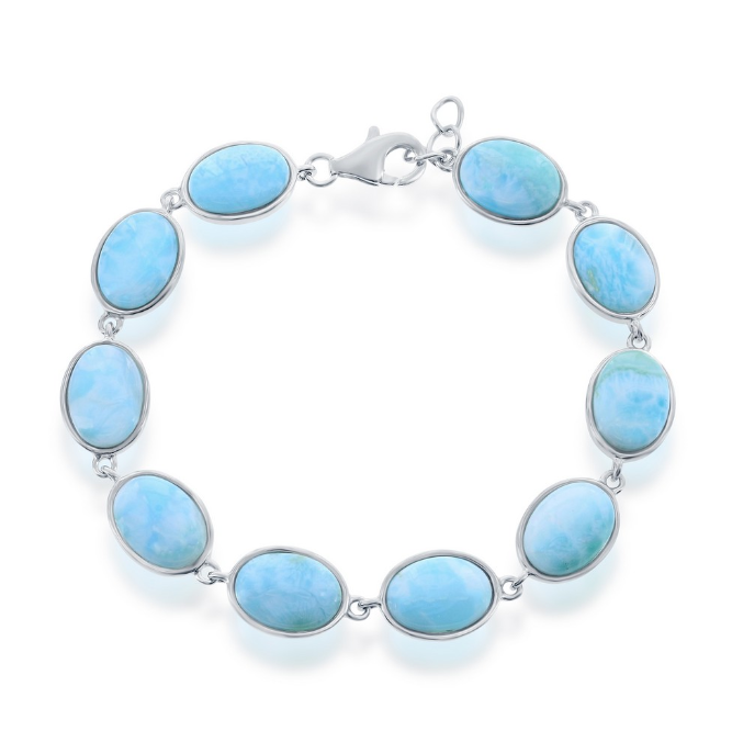 Sterling Silver 8" Oval Larimar Bezel Link Bracelet with Lobster Clasp