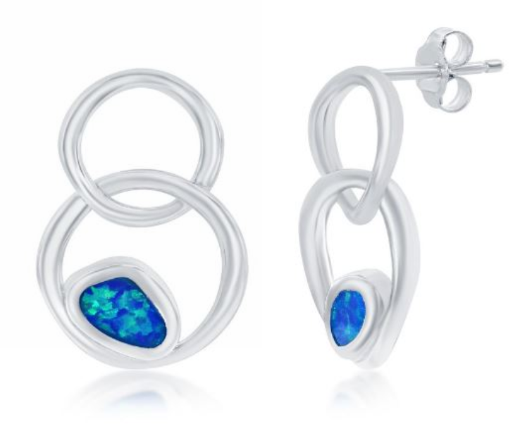 SS Double Circle LC Opal Stud Earrings