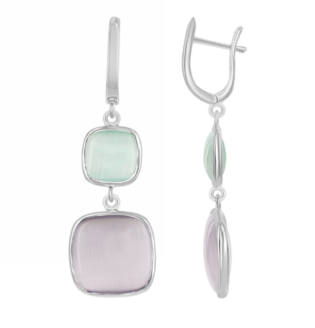 Sterling Silver Light Green & Grey Square Cushion Cat's Eye Drop Earrings