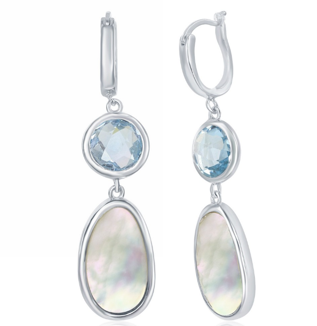 SS Blue Topaz and Mother Of Pearl Dangle Earrings