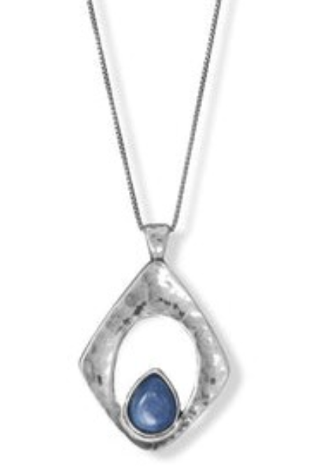 SS Hammered Kite Pendant w/ Bezel Set Pear Kyanite, 18"
