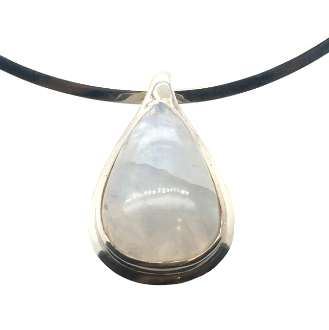 Sterling Silver Moonstone Pendant Bezel Set Pear on Open U Collar