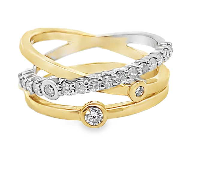 14TT Bezel Accented Diamond Crossover Ring with Pave Row of Diamonds