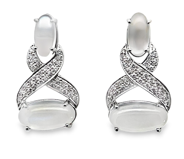 18W Oval Cabochon Moonstone and Pave Diamond X Earrings