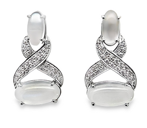 18W Oval Cabochon Moonstone and Pave Diamond X Earrings