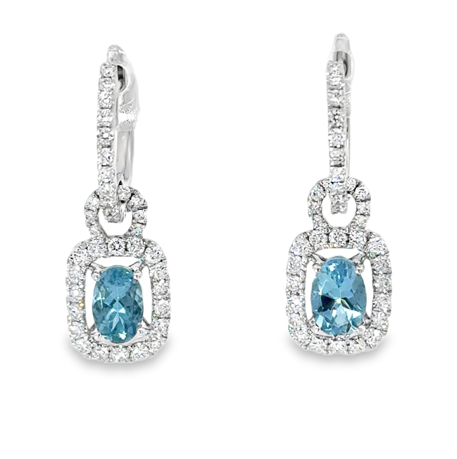 14W Cushion Aquamarine Dangle Earrings with Diamond Halo