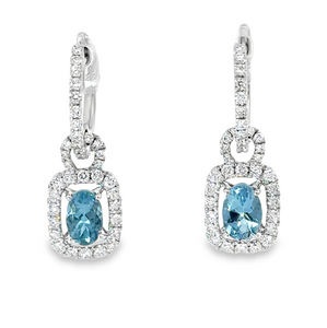 14W Cushion Aquamarine Dangle Earrings with Diamond Halo
