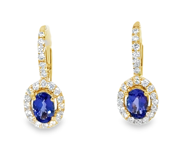14Y Oval Tanzanite and Diamond Halo Dangle Earrings