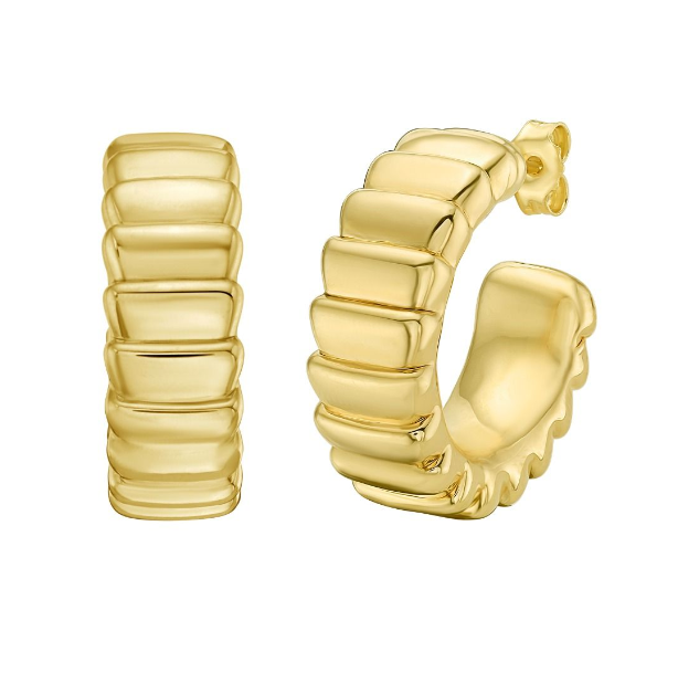14Y Polished Ribbed Straight Edge C-Hoops with Push Back Closure