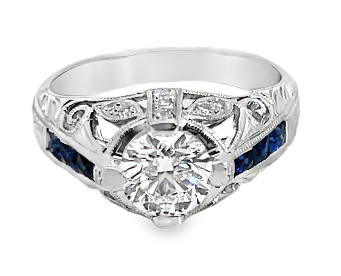 18W Lab Grown Center Antique Engagement Ring with Blue Sapphire and Diamonds sz 6.5