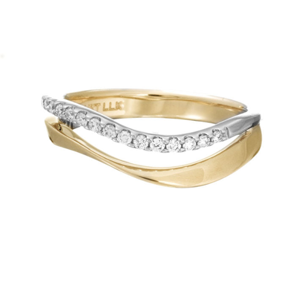 14TT Double Wave Ring with Diamond Row and Solid Gold Row sz 7