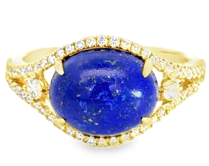 14Y Cabochon Lapis Lazuli with Diamond Halo Style Split Shank sz 7