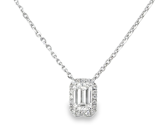 18W .57ctw Lab Grown Emerald Cut Diamond Halo Pendant