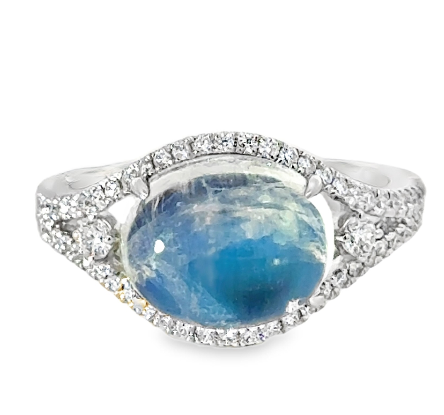 14W Oval Rainbow Moonstone Cab and Diamond Ring sz 7