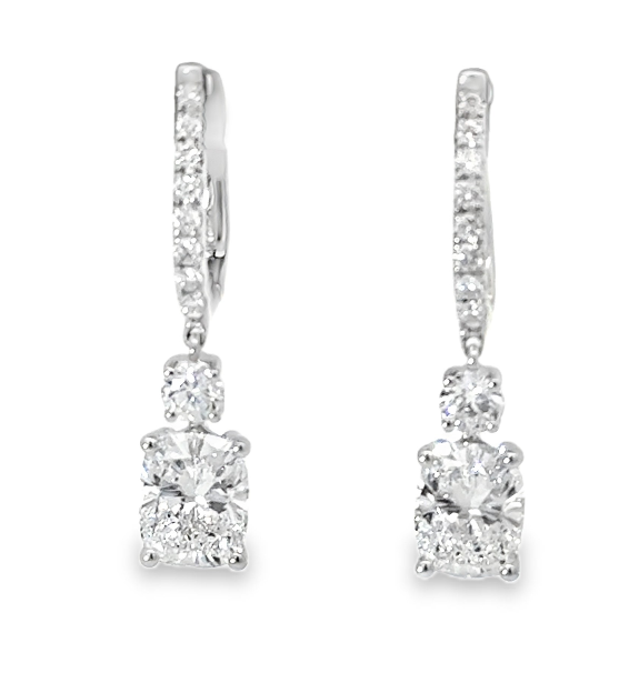 14W Lab Grown Diamond Drop Earrings with Round and Cushion Stones