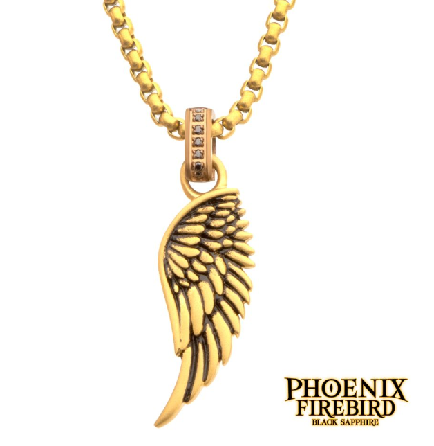 Sterling Silver 18YGP Matte Finish Steel Oxidized Phoenix Pendant Black Sapphire Bail 22"