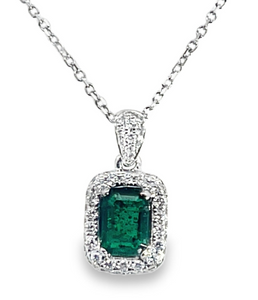 14W Emerald Pendant with Pave Diamond Halo on 18" Cable Chain