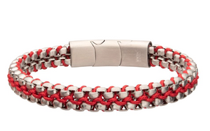 Stainless Steel Matte Finish Box Chain with Red Wax Cord Bracelet