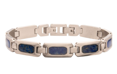 Stainless Steel Matte Finish Lapis Lazuli Stone Inlay Sizeable Link Bracelet