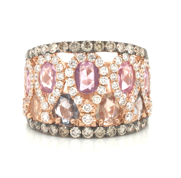 18R Multicolored Sapphire Ring with Pear Diamond Halo and Diamond Edges with Black Rhodium sz 7