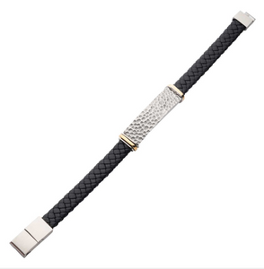 Stainless Steel Black Leather Bracelet with Blacksmith Hammered ID Bar 8.25-8.75"