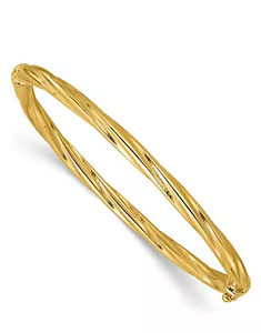 14Y Twisted Gold Bangle with Spring Hinge and Figure 8 Safety Catch