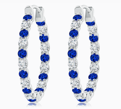 14W 3.38ctw Alternating Blue Sapphire and Diamond Hoop Earrings