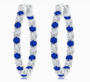 14W 3.38ctw Alternating Blue Sapphire and Diamond Hoop Earrings