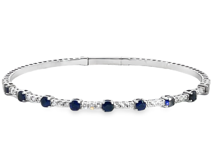 14W 2.07ctw Round Diamond Bangle with Larger Blue Sapphire Accents