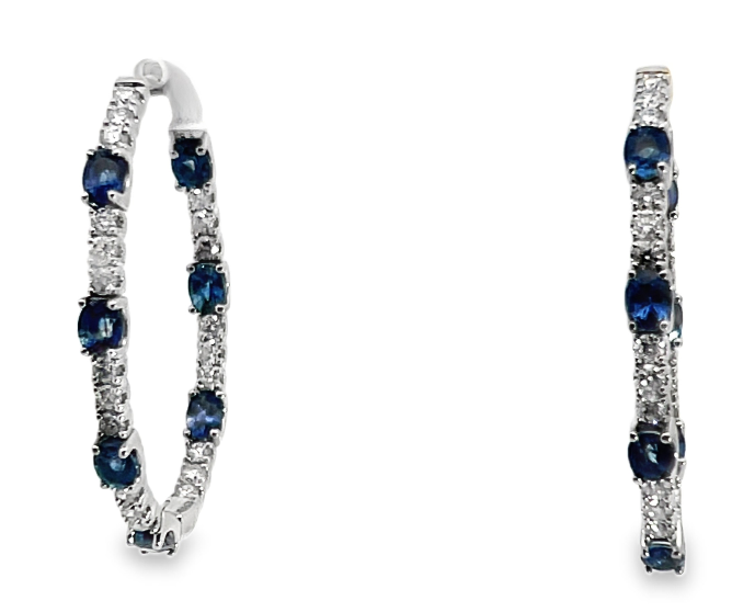 14W 4.49ctw Diamond In and Out Hoops with Oval Blue Sapphire Accents