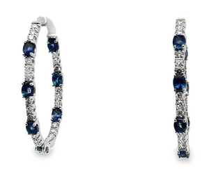 14W 4.49ctw Diamond In and Out Hoops with Oval Blue Sapphire Accents