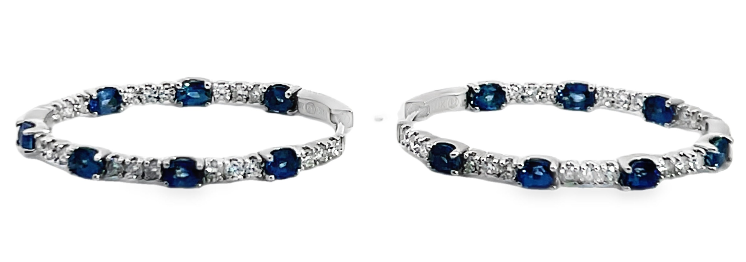 14W 4.49ctw Diamond In and Out Hoops with Oval Blue Sapphire Accents
