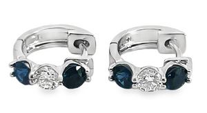 14W 1.31ctw 3 Stone Round Blue Sapphire and Diamond Huggie Hoops