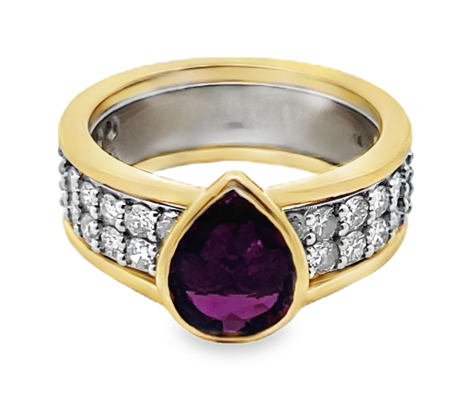 14TT 1.40ctw Bezel Set Pear Shaped Ruby with Pave Diamond Band sz 7