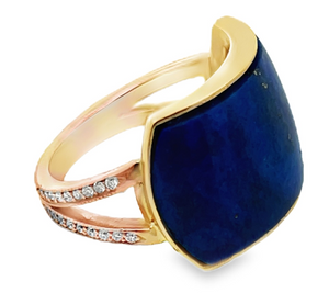 14TT Domed Blue Lapis and Bead Set Diamond Split Shank Ring sz 7