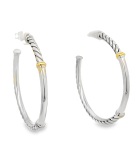 Sterling Silver 18Y David Yurman Metro Hoop Earrings with Cable Accents and Friction Backs