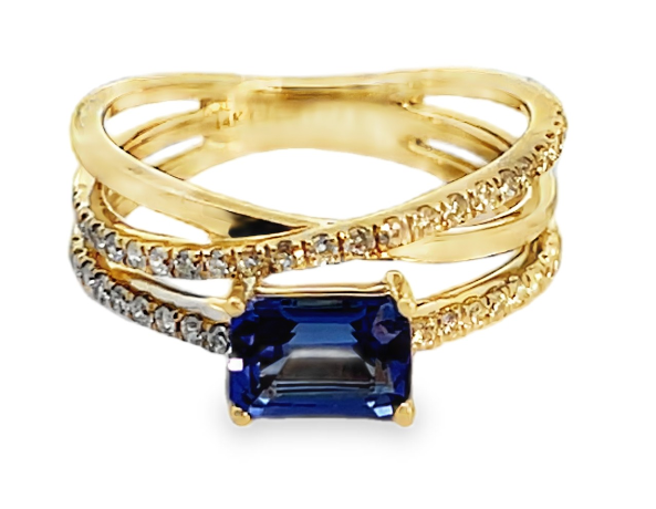 14Y 1.36ctw Emerald Cut Tanzanite Multi-Row Ring with Pave Diamond Rows sz 7