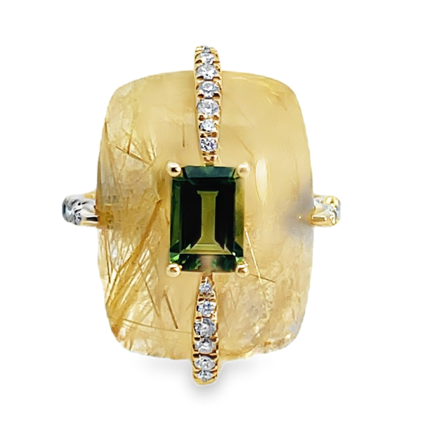 14Y 19.47ctw Rutilated Quartz and Peridot Ring with Diamond Accents sz 7
