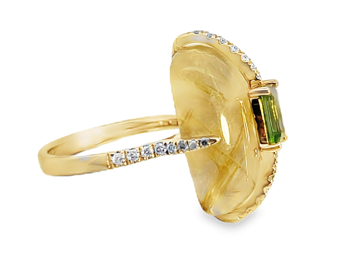 14Y 19.47ctw Rutilated Quartz and Peridot Ring with Diamond Accents sz 7