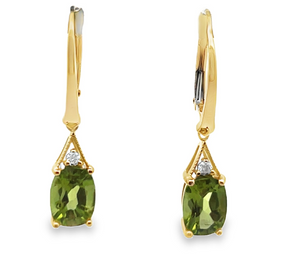 14Y 2.79ctw Oval Peridot Dangle Earrings with Small Round Diamond Accents