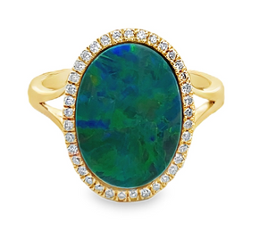 14Y 3.88ctw Oval Doublet Opal Ring with Diamond Halo and Split Shank sz 7