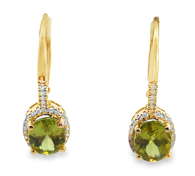 14Y 3.18ctw Green Sphene Dangle Earrings with Diamond Halo and Lever Backs