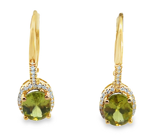 14Y 3.18ctw Green Sphene Dangle Earrings with Diamond Halo and Lever Backs