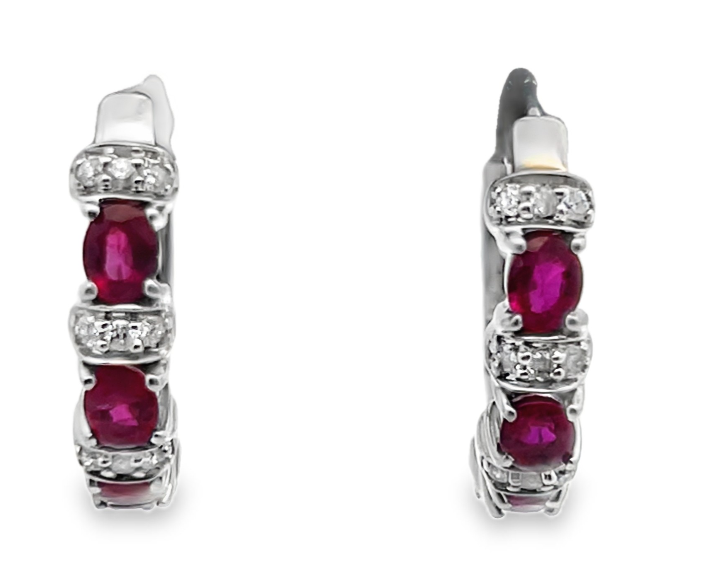 14W Oval Ruby and Bead Set Diamond Hoop Earrings