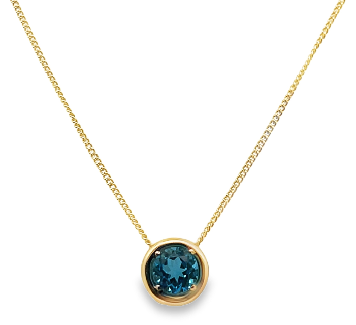 14Y Round Blue Topaz Pendant with Hidden Bail on Cuban Style Chain 16"