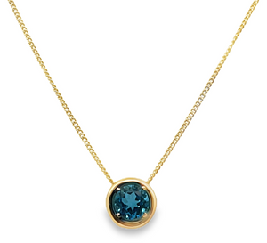 14Y Round Blue Topaz Pendant with Hidden Bail on Cuban Style Chain 16"