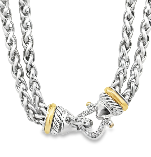 Sterling Silver 18Y David Yurman Diamond Pave Double Row Buckle Necklace