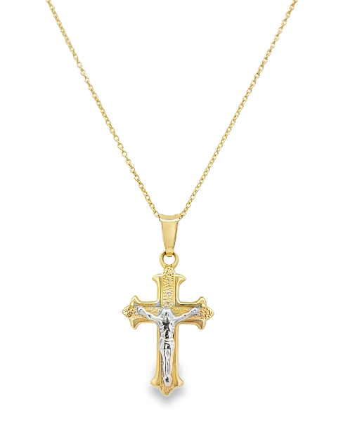 14TT Crucifix Pendant with White Gold Jesus and Fluted Accents on Round Cable Chain 20"