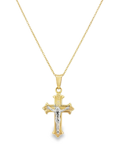 14TT Crucifix Pendant with White Gold Jesus and Fluted Accents on Round Cable Chain 20"
